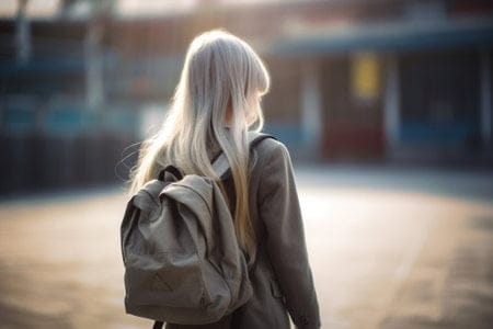 216181465 portrait from back of little girl in trendy hat and black jeans walking on the street in sunny day