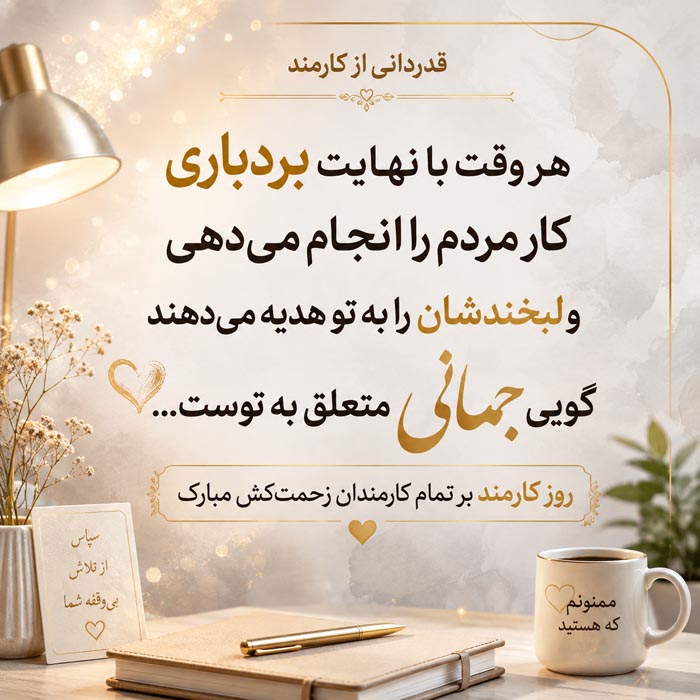 تبریک روز کارمند ۱۴۰۵ با متن رسمی، جملات ادبی و اشعار + عکس نوشته 5 تصویر تبریک روز کارمند به همکار پرتلاش