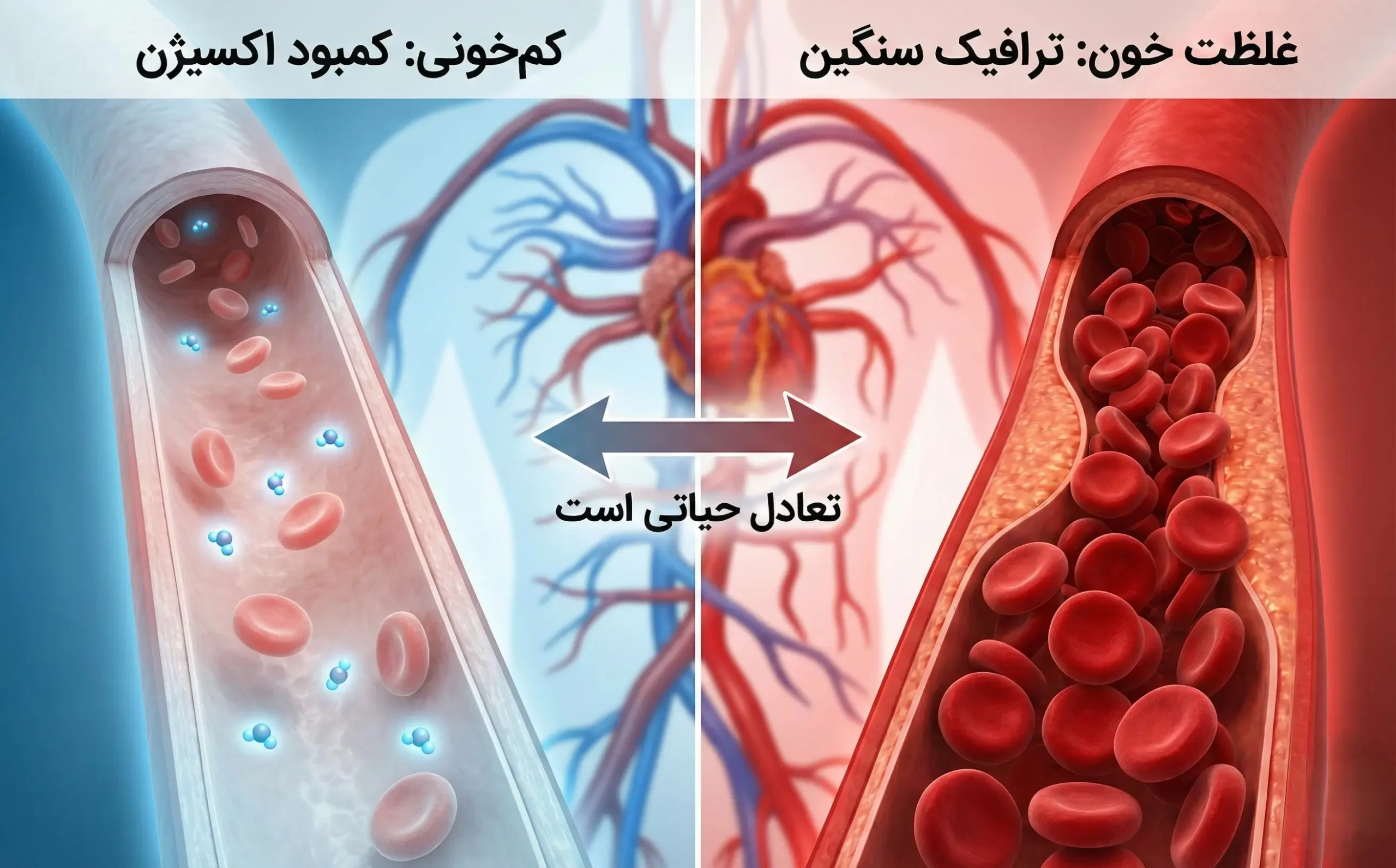 ینفوگرافیک مقایسه علائم پنهان کم‌خونی و غلظت خون و تفسیر فاکتورهای RBC و HGB