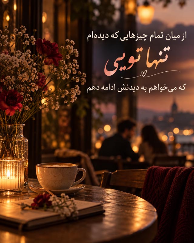 متن عاشقانه قشنگ و بی نظیر { 50 جمله کپشن، بیو، استوری و وضعیت رمانتیک } 12 عکسنوشته تنها تویی که میخواهم به دیدنش ادامه دهم در فضای گرم کافه