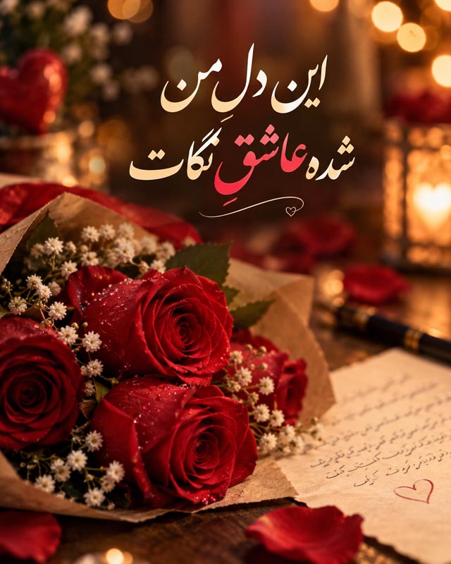 متن عاشقانه قشنگ و بی نظیر { 50 جمله کپشن، بیو، استوری و وضعیت رمانتیک } 2 عکسنوشته این دل من شده عاشق نگات در کنار گلهای رز سرخ