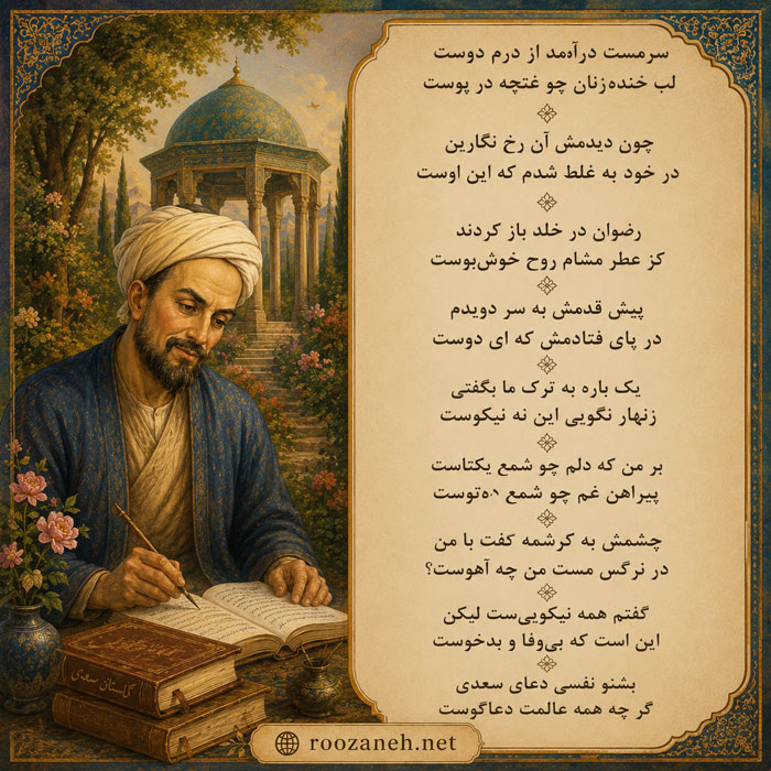غزل شماره ۹۰ از غزلیات سعدی؛ سرمست درآمد از درم دوست... با تفسیر 2 تفسیر این شعر