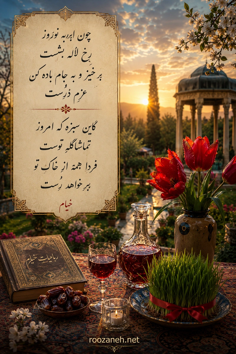 رباعی شماره ۲۴ از رباعیات خیام | چون ابر به نوروز رخِ لاله بِشُسْت + تفسیر 2 خیام