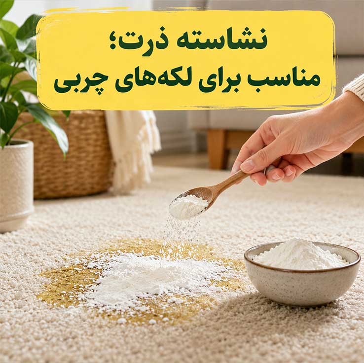 به جای شامپو فرش از چی استفاده کنیم؟ بهترین جایگزینهای خانگی و ایمن برای تمیز کردن فرش 3 نشاسته ذرت؛ مناسب برای لکههای چربی