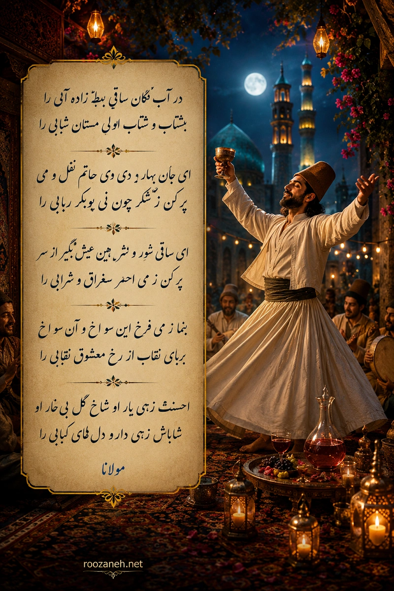 غزل شماره ۹۱ از دیوان شمس مولانا؛ در آب فکن ساقی بط زاده آبی را... به همراه تفسیر 2 مولانا