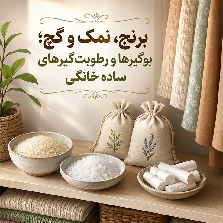 نحوه رفع بوی نم و رطوبت از کمد دیواری؛ روشهای خانگی، اصولی و دائمی 3 برنج، نمک و گچ؛ بوگیرها و رطوبتگیرهای ساده خانگی