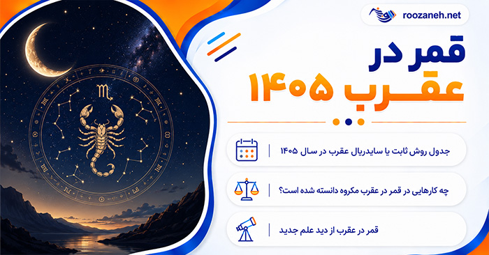 قمر در عقرب ۱۴۰۵؛ جدول ورود و خروج ماه از برج و صورت فلکی عقرب؛ احکام و کارهای مکروه 1 قمر در عقرب ۱۴۰۵؛ جدول ورود و خروج ماه از برج و صورت فلکی عقرب؛ احکام و کارهای مکروه