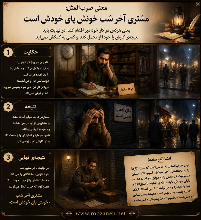 معنی ضربالمثل مشتری آخر شب خونش پای خودش است به همراه انشا و حکایت 2 معنی ضربالمثل مشتری آخر شب خونش پای خودش است به همراه انشا و حکایت