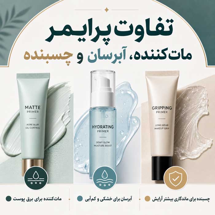عوارض پرایمر صورت؛ آیا باعث جوش و حساسیت میشود؟؛ روش انتخاب و مصرف صحیح 5 تفاوت پرایمر ماتکننده، آبرسان و چسبنده
