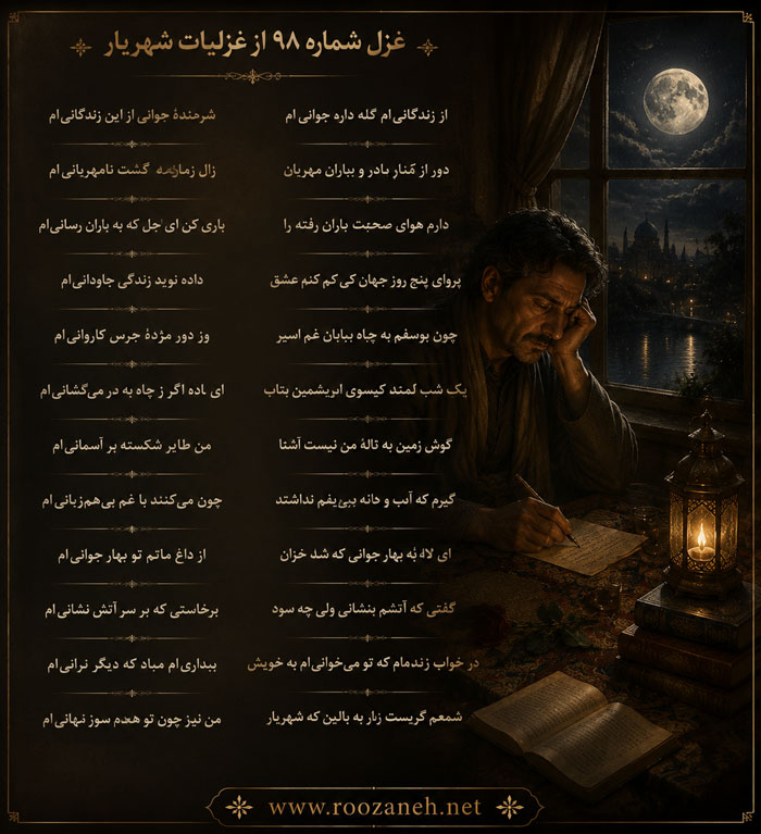 غزل شماره ۹۸ از غزلیات شهریار؛ از زندگانیام گله دارد جوانیام... با تفسیر 2 تفسیر این شعر