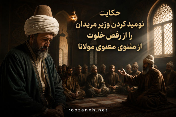 حکایت نومید کردن وزیر مریدان را از رفض خلوت از مثنوی معنوی مولانا + نثر ساده 1 حکایت نومید کردن وزیر مریدان را از رفض خلوت از مثنوی معنوی مولانا + نثر ساده