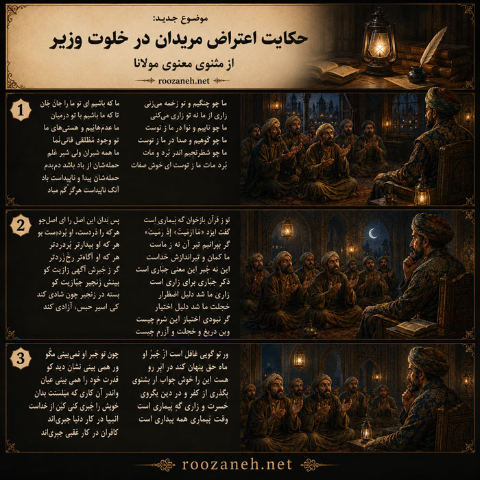 حکایت اعتراض مریدان در خلوت وزیر از مثنوی معنوی مولانا با تفسیر و نثر ساده 2 نثر ساده و تفسیر
