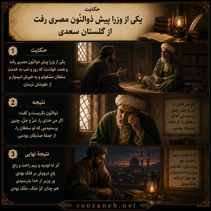 حکایت یکی از وزرا پیش ذوالنّون مصری رفت از گلستان سعدی با نثر ساده 2 نثر ساده و تفسیر