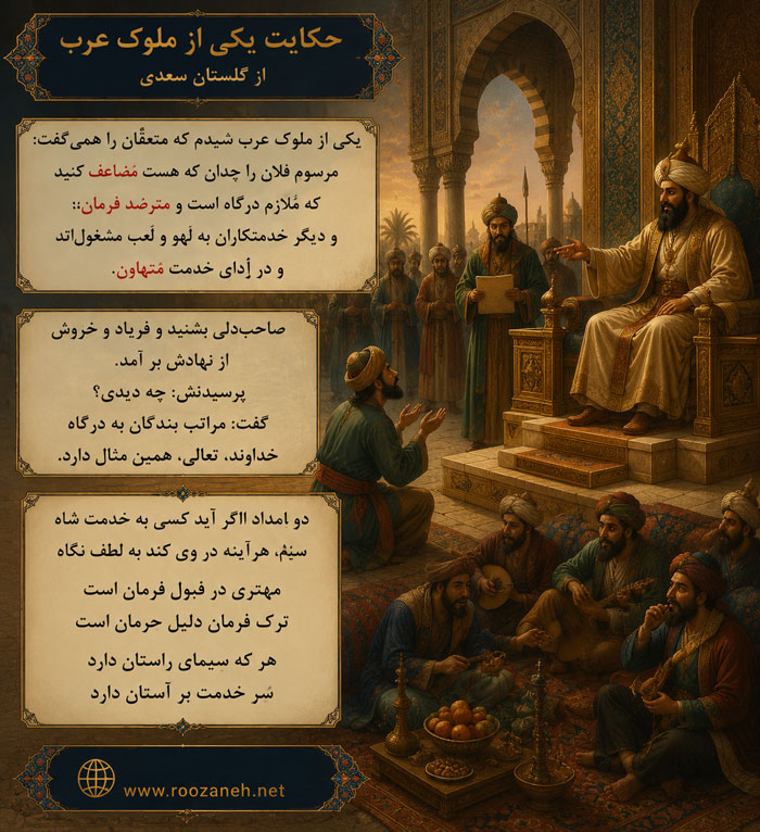 حکایت یکی از ملوکِ عرب شنیدم که متعلّقان را همیگفت از گلستان سعدی + نثر ساده و تفسیر 2 نثر ساده و تفسیر این حکایت