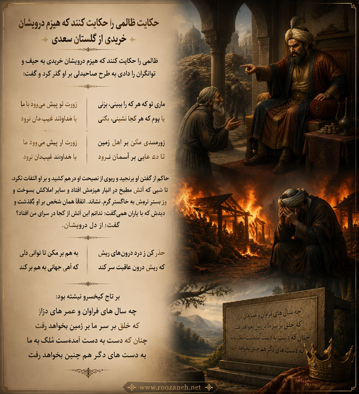 حکایت ظالمی را حکایت کنند که هیزمِ درویشان خریدی از گلستان سعدی با نثر ساده 2 تقسیر و نثر ساده این حکایت