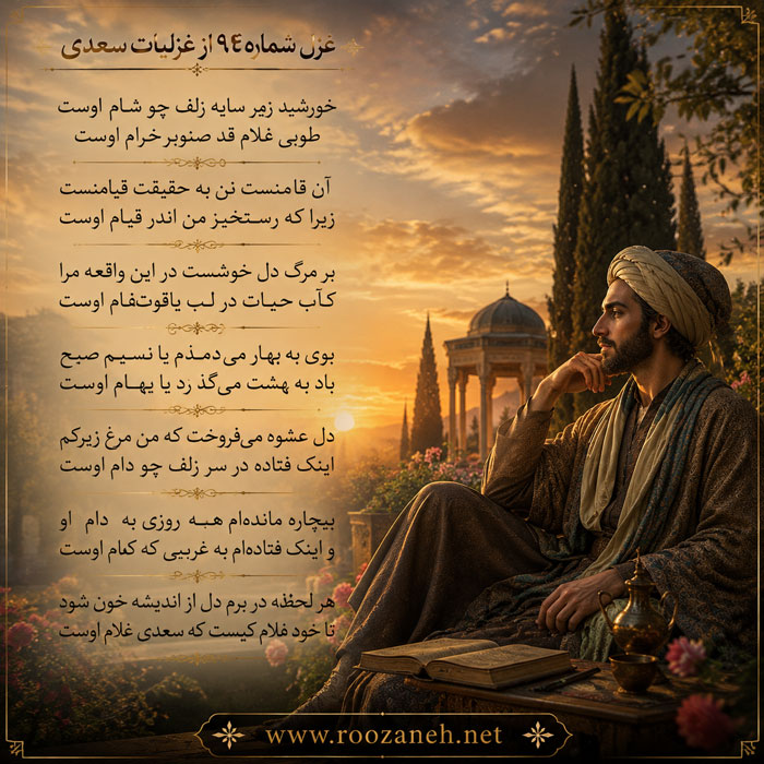 غزل شماره ۹۴ از غزلیات سعدی؛ خورشید زیر سایه زلف چو شام اوست با تفسیر 2 تفسیر این شعر