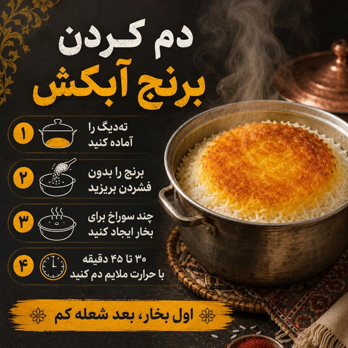 طرز تهیه برنج آبکش دانهدانه و مجلسی با تمام فوتوفنها 4 مراحل دم کردن برنج آبکش با حرارت ملایم