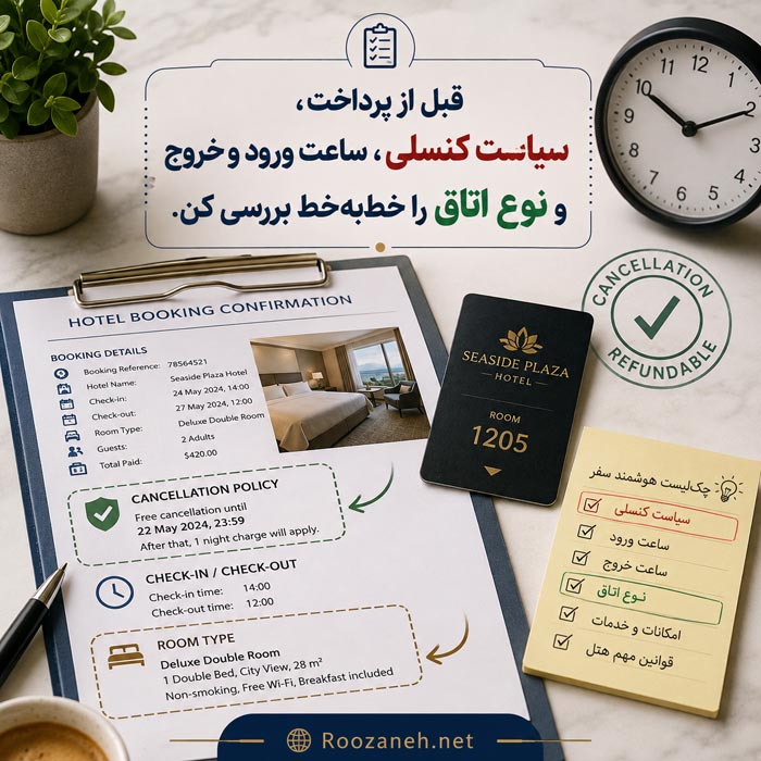قبل از رزرو هتل این ۱۵ اشتباه را نکنید؛ ممکن است کل سفرتان را خراب کنند 6 بررسی سیاست کنسلی ساعت ورود و خروج و نوع اتاق پیش از رزرو هتل