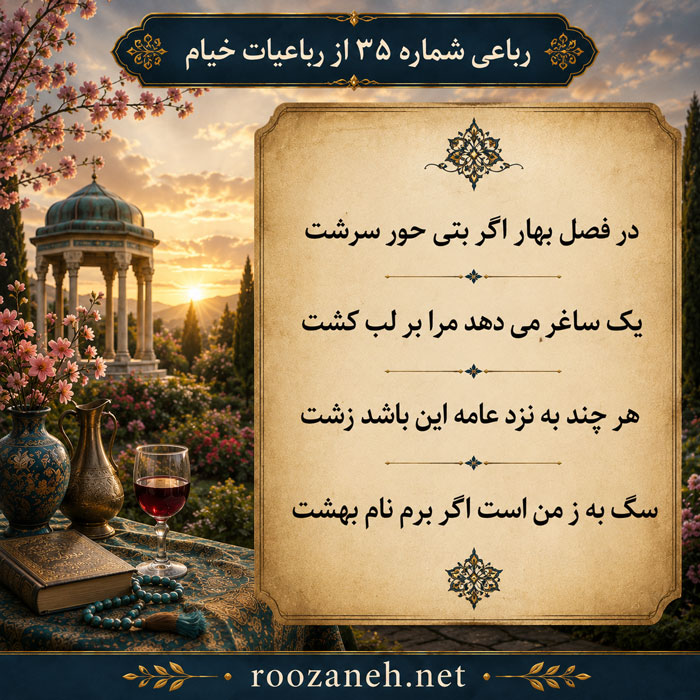 رباعی شماره ۳۵ از رباعیات خیام / در فصل بهار اگر بتی حور سرشت با تفسیر 2 تفسیر این شعر