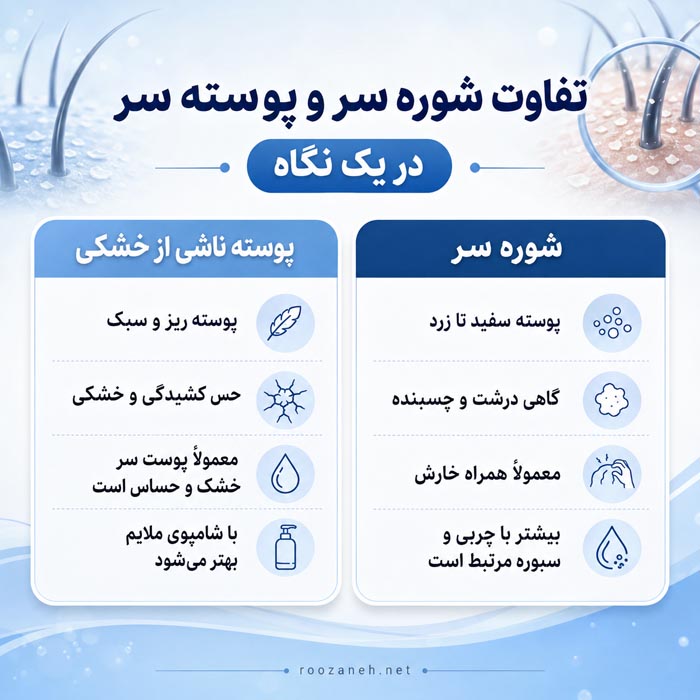 تفاوت شوره سر و پوسته سر؛ از تشخیص تا درمان درست هرکدام 2 تفاوت شوره سر و پوسته ناشی از خشکی پوست سر در یک نگاه