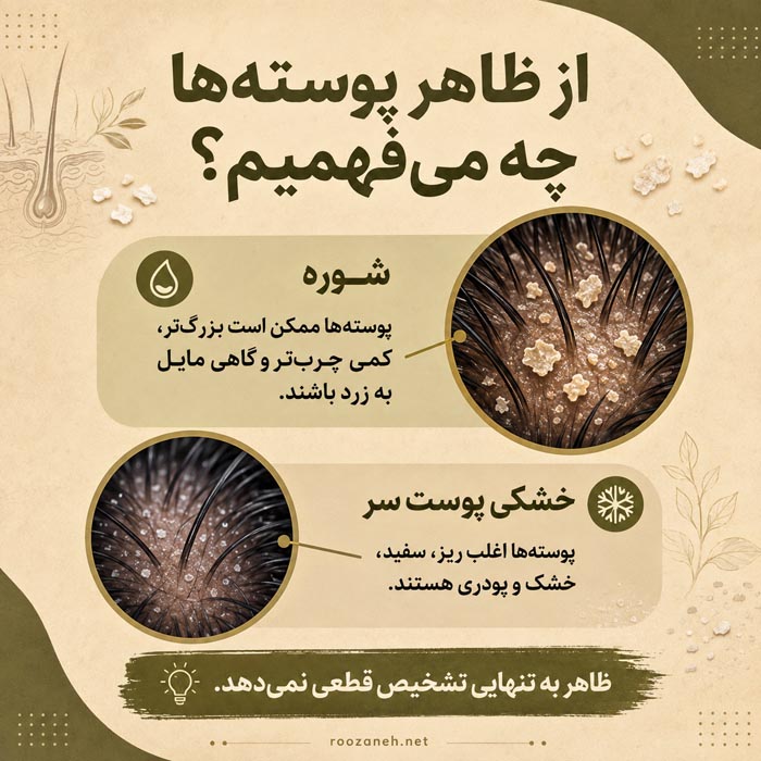 تفاوت شوره سر و پوسته سر؛ از تشخیص تا درمان درست هرکدام 3 مقایسه ظاهر شوره سر و پوسته خشک پوست سر