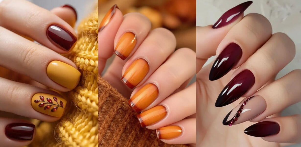 مدل لاک ژل پاییزی شرابی و خردلی با استایل شیک