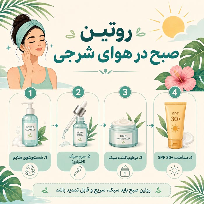 راهنمای کامل مراقبت از پوست در هوای مرطوب و شرجی؛ روتین صبح و شب 2 روتین صبح در هوا شرجی