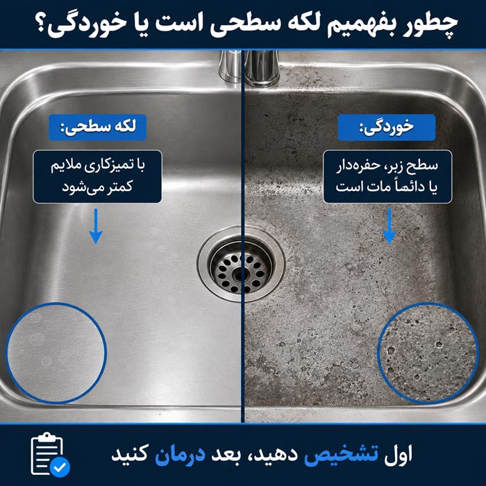 رفع سیاهی سینک بعد از جرمگیر؛ از لکه سطحی تا خوردگی استیل 4 بررسی سینک استیل پس از تماس با جرمگیر و آبکشی