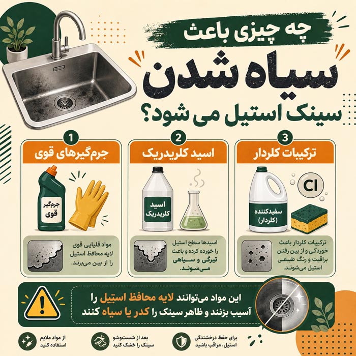 رفع سیاهی سینک بعد از جرمگیر؛ از لکه سطحی تا خوردگی استیل 7 سینک استیل تمیز و براق پس از مراقبت و نظافت صحیح