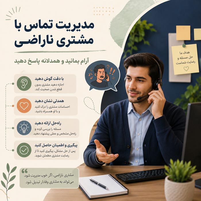 آداب صحبت کردن با تلفن؛ راهنمای کامل مکالمه رسمی، کاری و شخصی 6 مدیریت تماس تلفنی با مشتری ناراضی و عصبانی