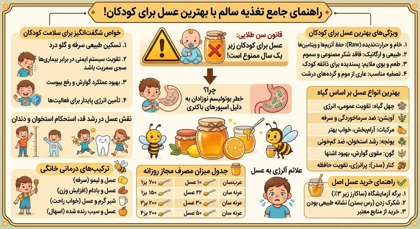 بهترین عسل برای کودکان چیست و چگونه آن را انتخاب کنیم؟ 1 اینفوگرافیک بهترین عسل برای کودکان