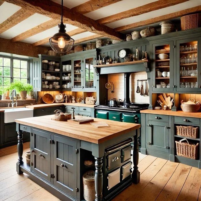 آشپزخانه روستیک با کابینت سبز خاکستری، جزیره چوبی و تیرهای سقفی