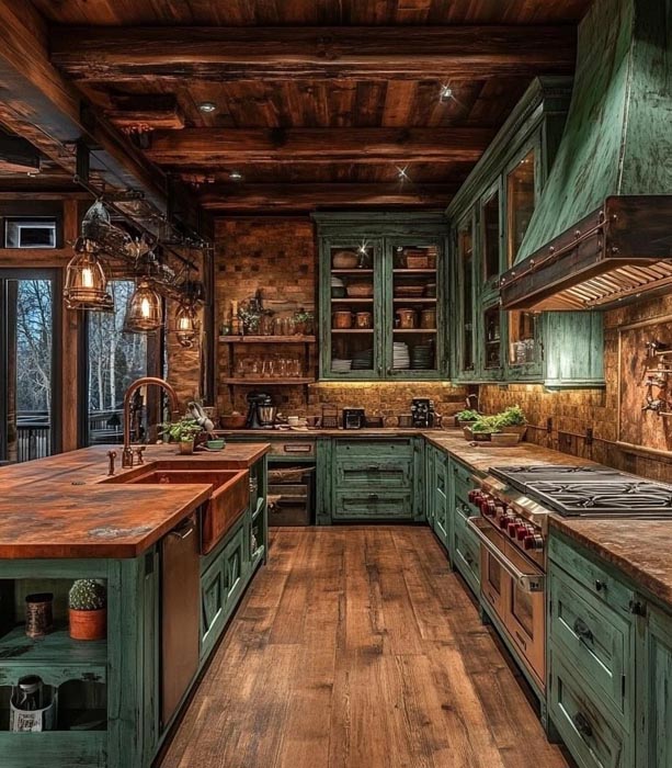 آشپزخانه چوبی تیره با کابینت سبز و بافت‌های روستایی