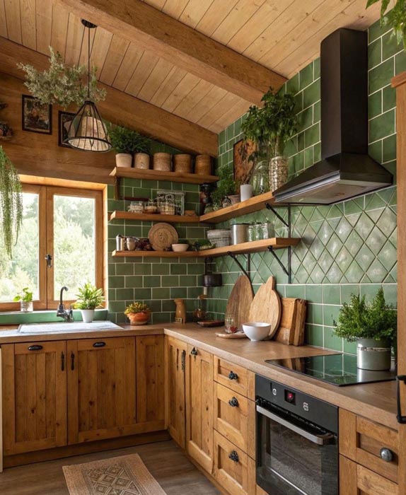 کابینت تمام چوب با هود سبز و کاشی هندسی روستیک