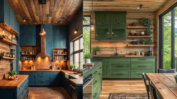 کلاژ مدل‌های آشپزخانه روستیک مدرن با کابینت سبز و آبی