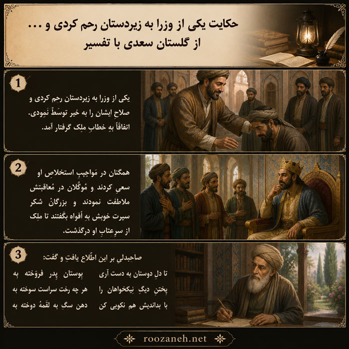 حکایت یکی از وزرا به زیردستان رحم کردی و ... از گلستان سعدی با تفسیر 2 تفسیر و نثر ساده