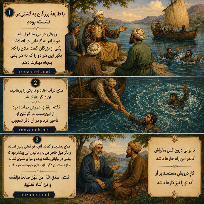 حکایت با طایفهٔ بزرگان به کشتیدر، نشسته بودم از گلستان سعدی + تفسیر 2 تفسیر و نثر ساده این حکایت