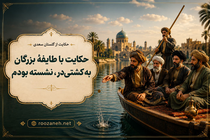 حکایت با طایفهٔ بزرگان به کشتیدر، نشسته بودم از گلستان سعدی + تفسیر 1 حکایت با طایفهٔ بزرگان به کشتیدر، نشسته بودم از گلستان سعدی + تفسیر