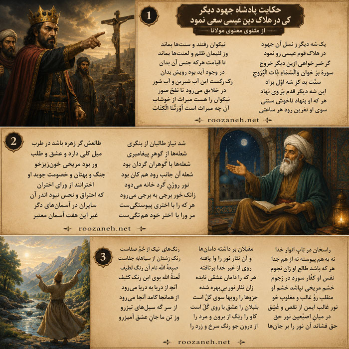 حکایت پادشاه جهود دیگر کی در هلاک دین عیسی سعی نمود از مثنوی معنوی مولانا + تفسیر 2 تفسیر و نثر ساده این حکایت