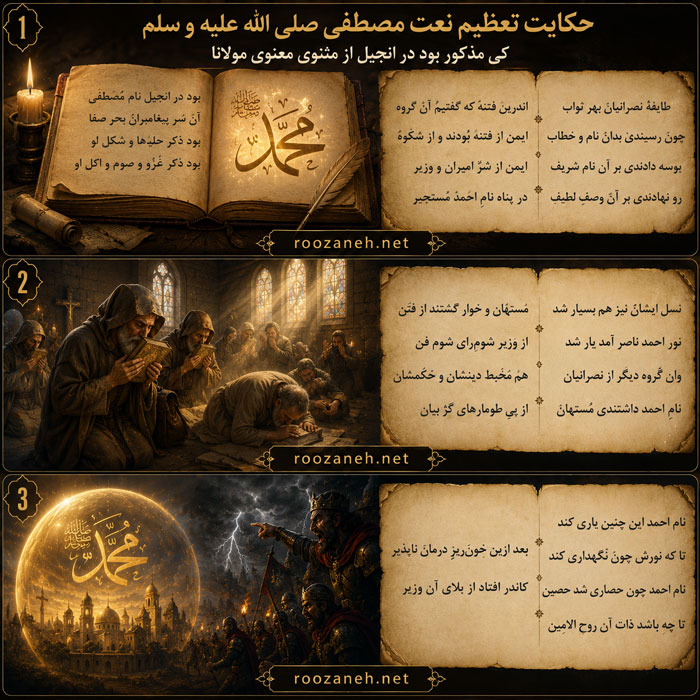 حکایت تعظیم نعت مصطفی صلی الله علیه و سلم کی مذکور بود در انجیل از مثنوی معنوی مولانا 2 نثر ساده و تفسیر این حکایت