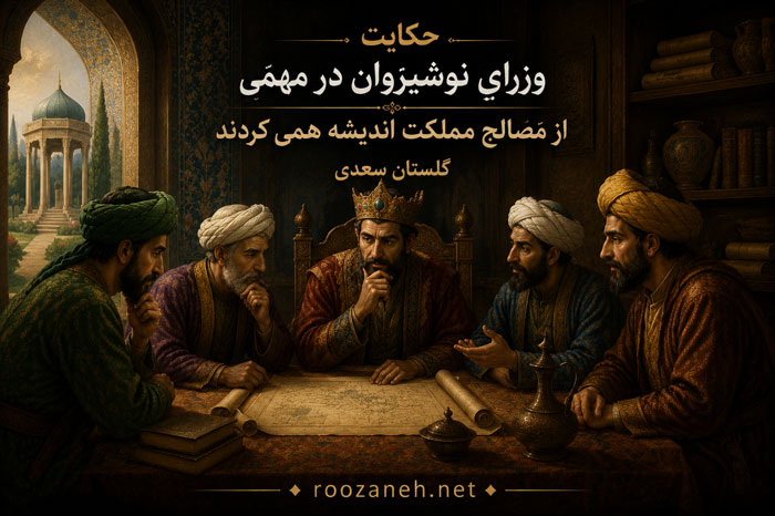 حکایت وزرایِ نوشیروان در مهمّی از مَصالحِ مملکت اندیشه همی کردند گلستان سعدی 1 حکایت وزرایِ نوشیروان در مهمّی از مَصالحِ مملکت اندیشه همی کردند گلستان سعدی