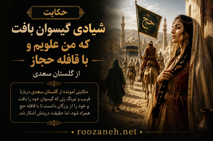 حکایت شیّادی گیسوان بافت که من علویم و با قافله حجاز از گلستان سعدی با تفسیر و نثر ساده 1 حکایت شیّادی گیسوان بافت که من علویم و با قافله حجاز از گلستان سعدی با تفسیر و نثر ساده