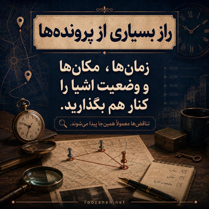 ۲۴ معمای انتخابی کارآگاهی؛ شما کارآگاه داستان هستید 5 کنار هم گذاشتن زمان، مکان و وضعیت اشیا برای حل پرونده کارآگاهی