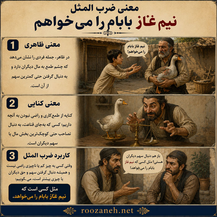 معنی ضرب المثل نیم غاز بابام را میخواهم ( ریشه، معنی لغوی و انشا ) 2 تفسیر و تحلیل