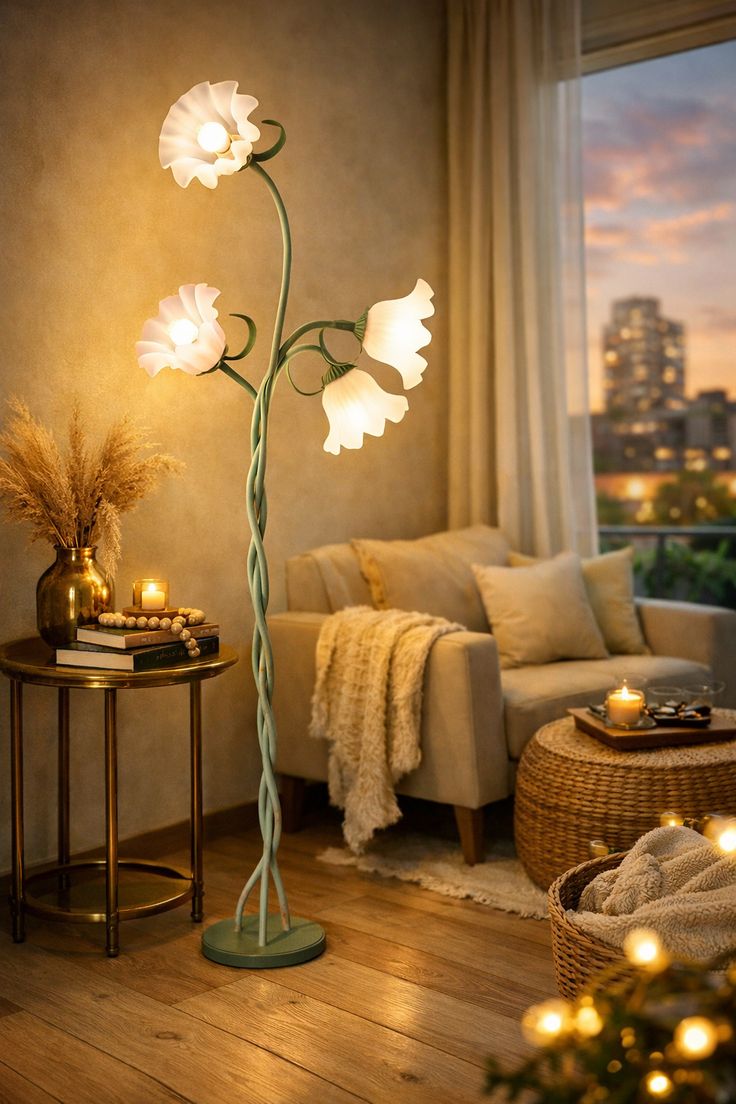 آباژور شیشه‌ای کنار سالنی با شاخه‌های سبز و حباب‌های گل سفید