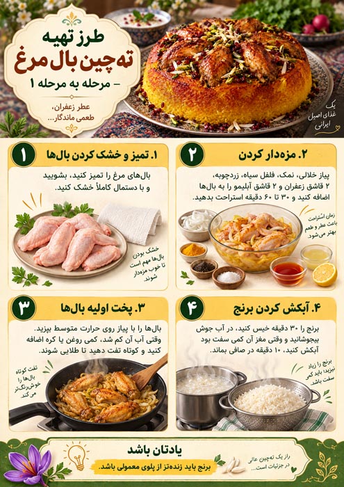 طرز تهیه تهچین بال مرغ مجلسی؛ طلایی، قالبی و برشته با تمام فوتوفنها 3 طرز تهیه تهچین بال مرغ مجلسی؛ طلایی، قالبی و برشته با تمام فوتوفنها
