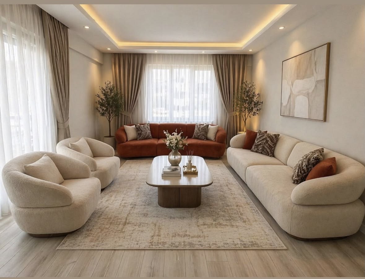 دکوراسیون کرمی شیک؛ راهنمای ست کردن مبل، پرده، فرش و رنگهای مکمل 16 مبل کرمی در دکوراسیون پذیرایی؛ ایده 4