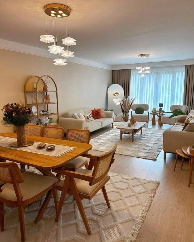 دکوراسیون کرمی شیک؛ راهنمای ست کردن مبل، پرده، فرش و رنگهای مکمل 30 ترکیب چوب و پارکت با رنگ کرم؛ ایده 2