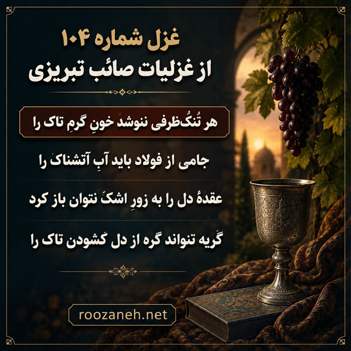 غزل شماره ۱۰۴ از غزلیات صائب تبریزی / هر تُنُکظرفی ننوشد خونِ گرمِ تاک را با تفسیر 2 تفسیر این شعر