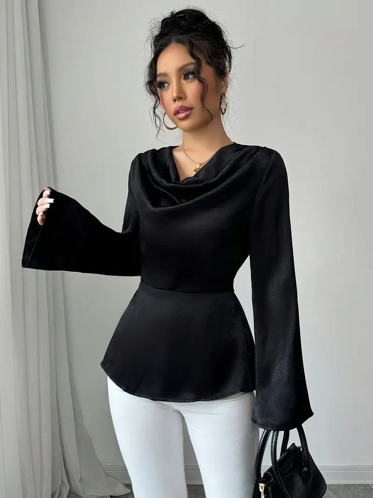 شومیز ساتن مشکی یقه دراپه با پایین‌تنه فون